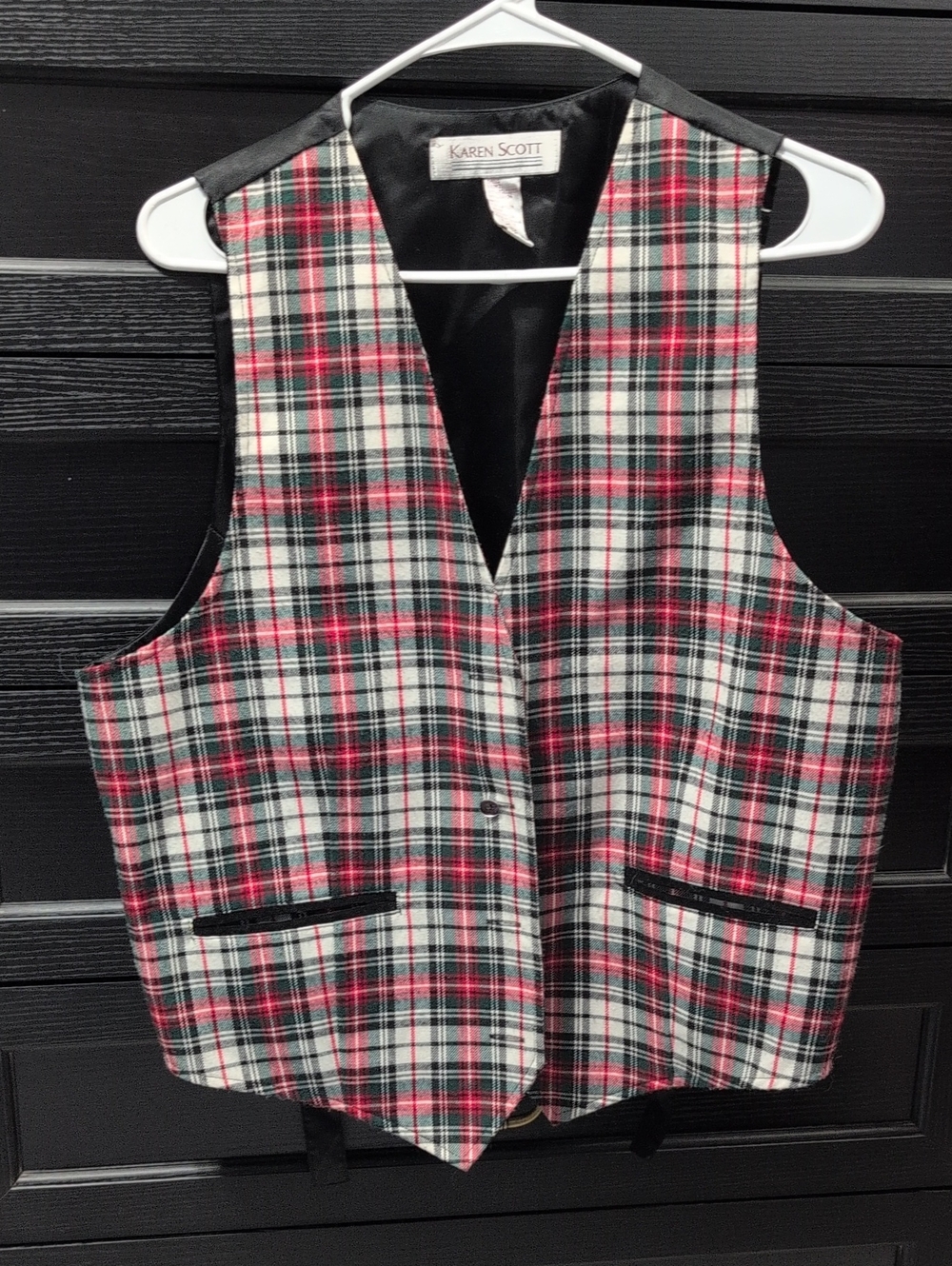 Karen Scott Red, Black & White Plaid Vest